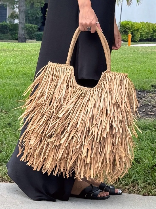 Handmade Handbags - Fringed Natural Straw Tote Bag